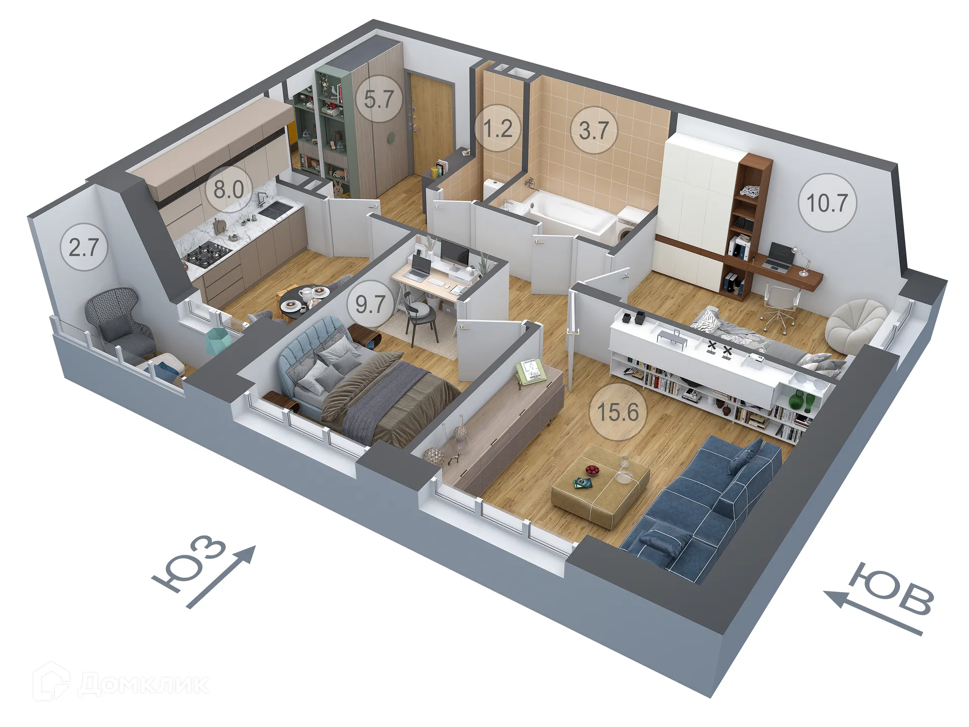 Планировка 3-комнатной квартиры 60.6 м² в ЖК ДОНСКОЕ, г. Семилуки — фото 1
