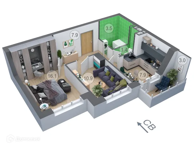 Планировка 2-комнатной квартиры 48.6 м² в ЖК ДОНСКОЕ, г. Семилуки — фото 1