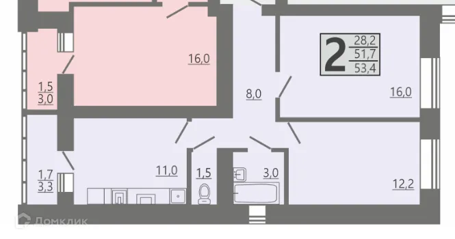 Планировка 2-комнатной квартиры 53.4 м² в ЖК ДОНСКОЕ, г. Семилуки — фото 1