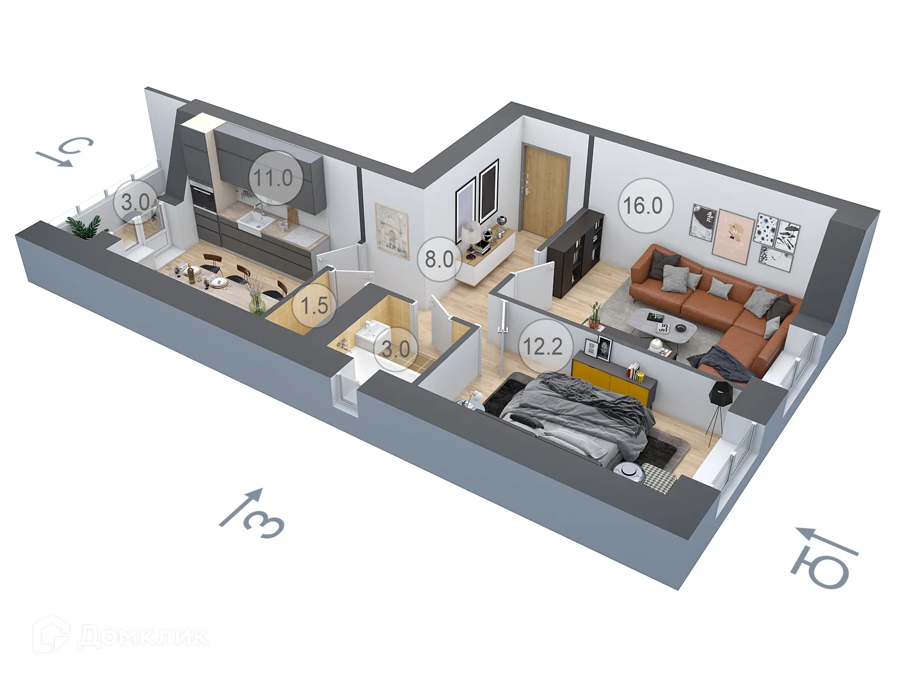 Планировка 2-комнатной квартиры 53.3 м² в ЖК ДОНСКОЕ, г. Семилуки — фото 1