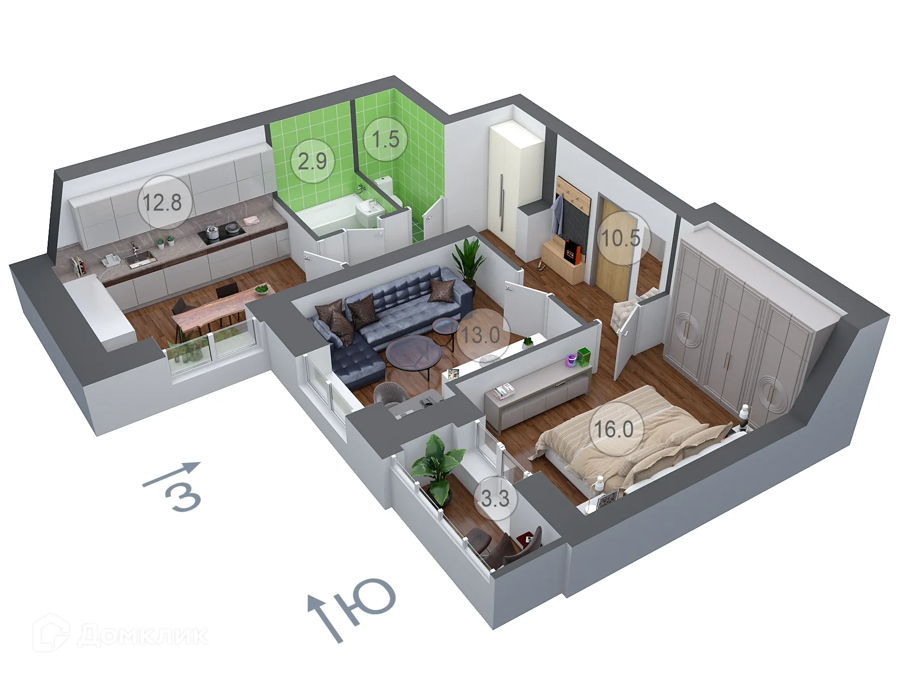 Планировка 2-комнатной квартиры 58.2 м² в ЖК ДОНСКОЕ, г. Семилуки — фото 1