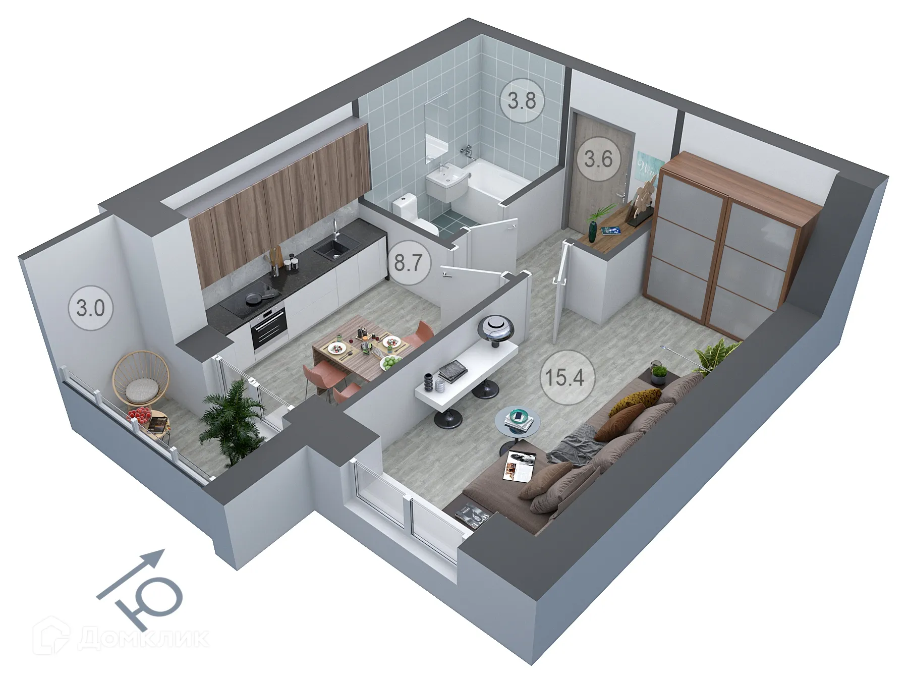 Планировка 1-комнатной квартиры 33 м² в ЖК ДОНСКОЕ, г. Семилуки — фото 1