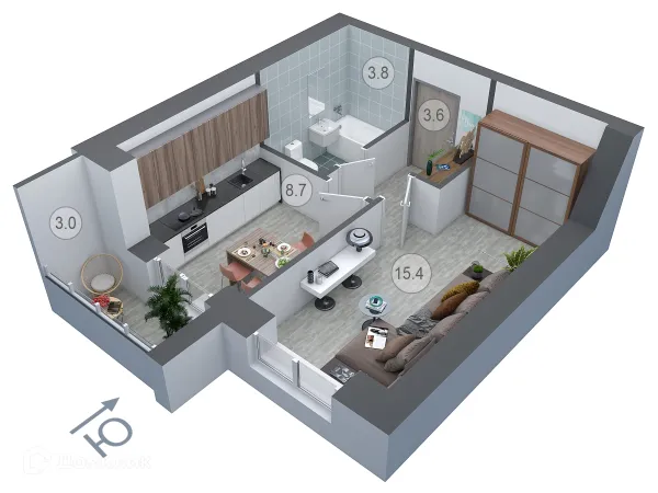 Планировка 1 комн. в ЖК ДОНСКОЕ