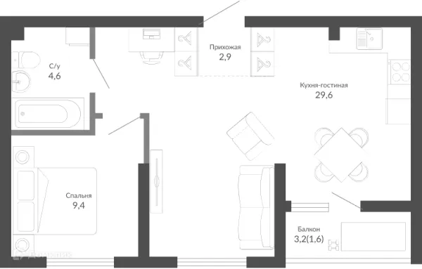 Планировка 1 комн. в ЖК ОБЛАКА