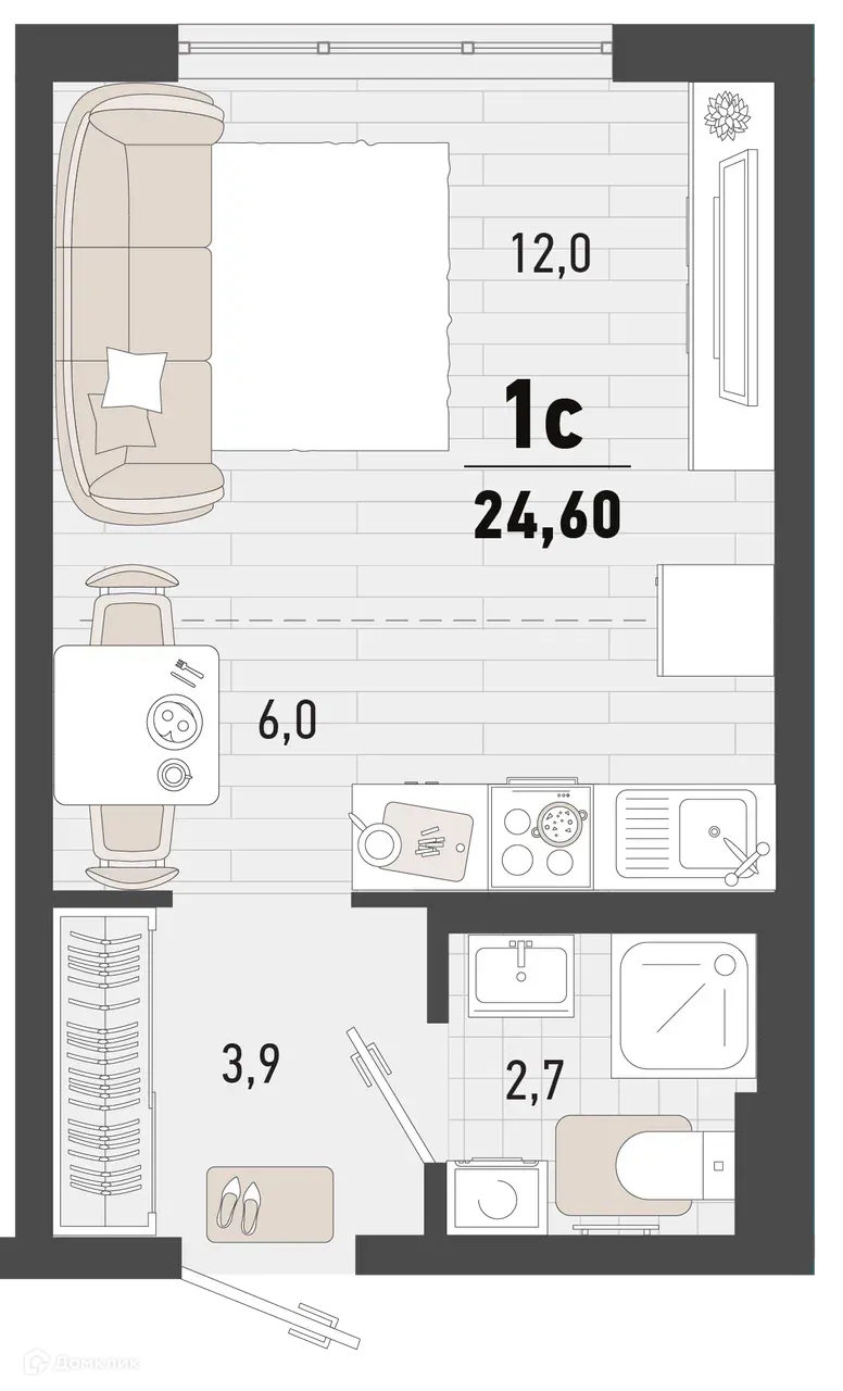 Планировка 1-комнатной квартиры 24.6 м² в ЖК Барса, г. Новороссийск — фото 1