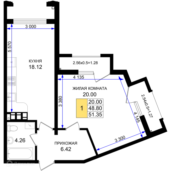 Планировка 1 комн. в ЖК Резиденция морей