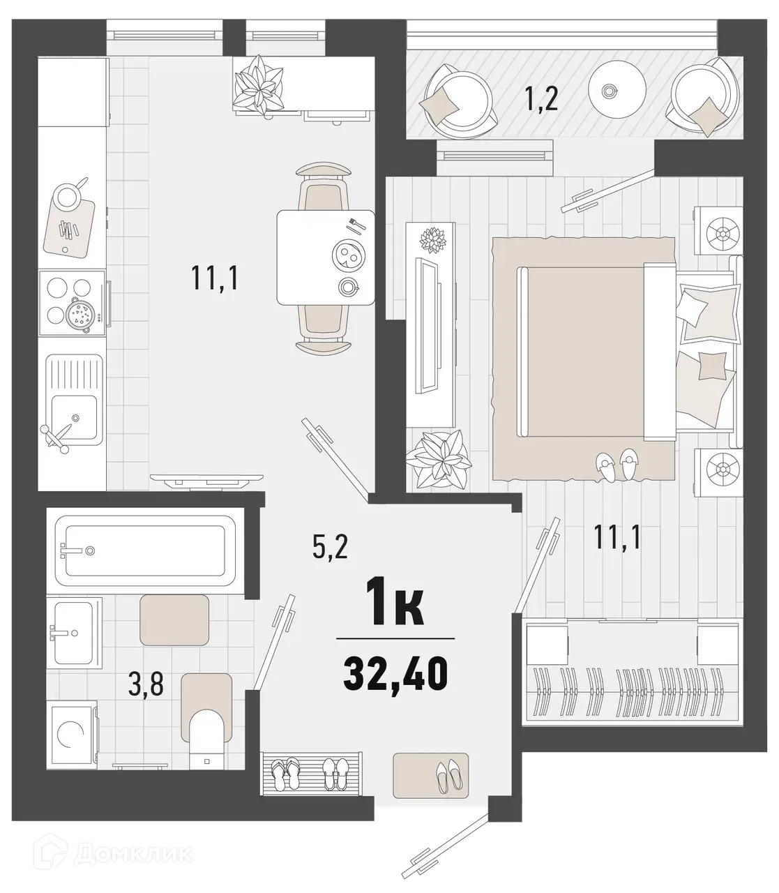 Планировка 1-комнатной квартиры 32.4 м² в ЖК Барса, г. Новороссийск — фото 1