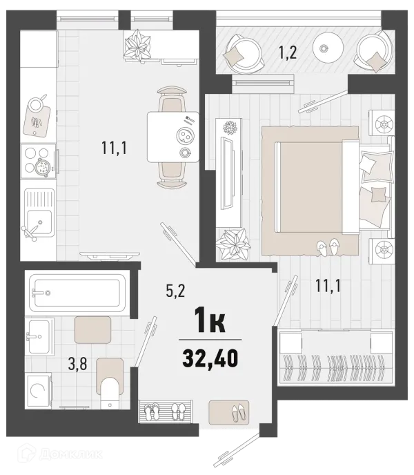 Планировка 1 комн. в ЖК Барса