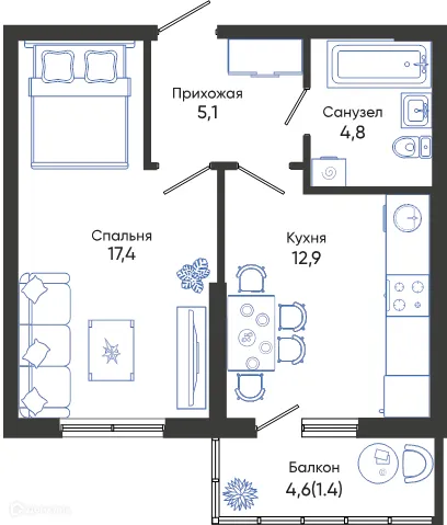 Планировка 1-комнатной квартиры 41.6 м² в ЖК ОБЛАКА, г. Новороссийск — фото 1