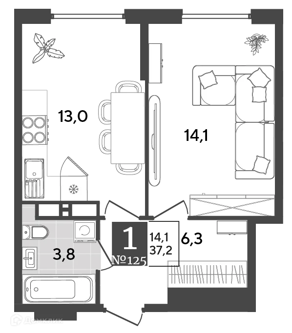 Планировка 1-комнатной квартиры 37.2 м² в ЖК Порто Ново, г. Новороссийск — фото 2
