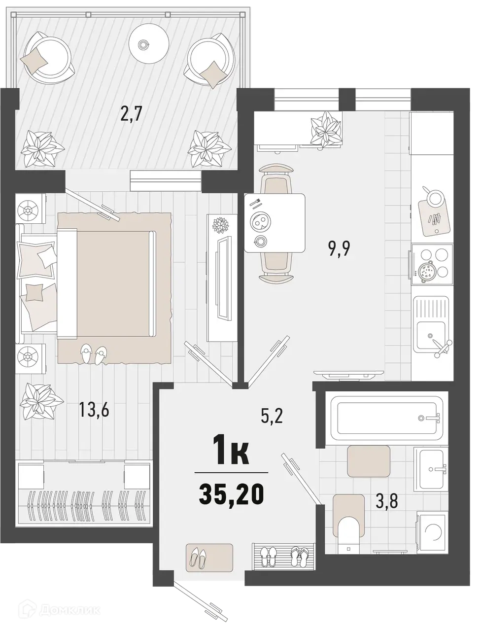 Планировка 1-комнатной квартиры 35.2 м² в ЖК Барса, г. Новороссийск — фото 1