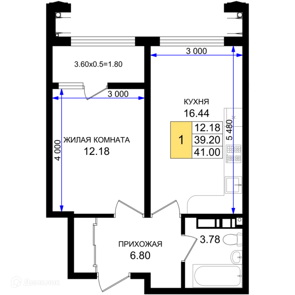 Планировка 1 комн. в ЖК Резиденция морей