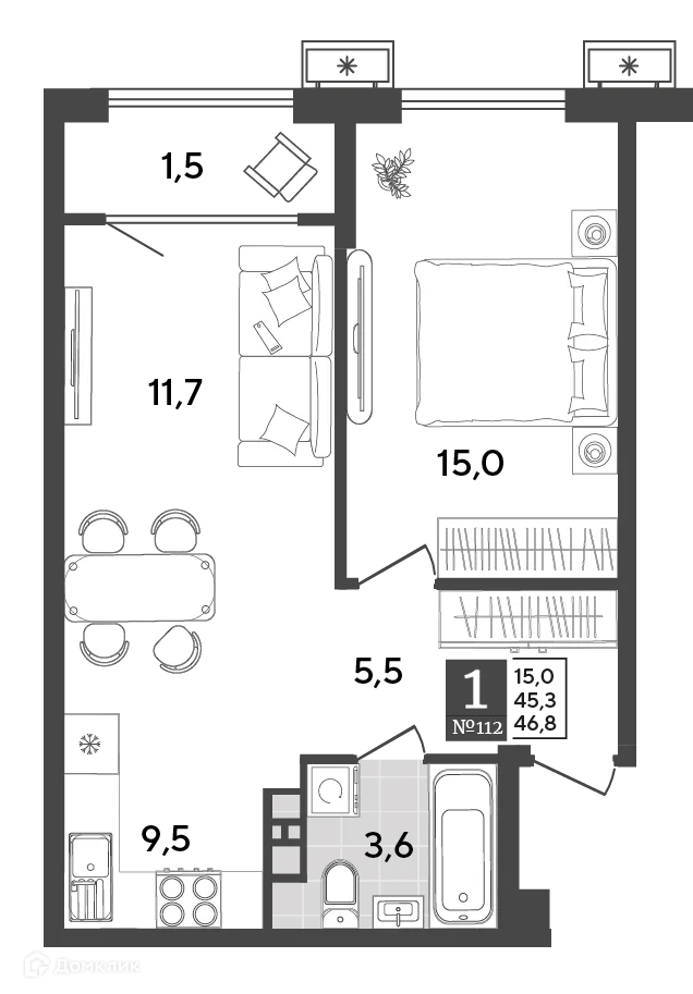 Планировка 1-комнатной квартиры 46.8 м² в ЖК Порто Ново, г. Новороссийск — фото 2