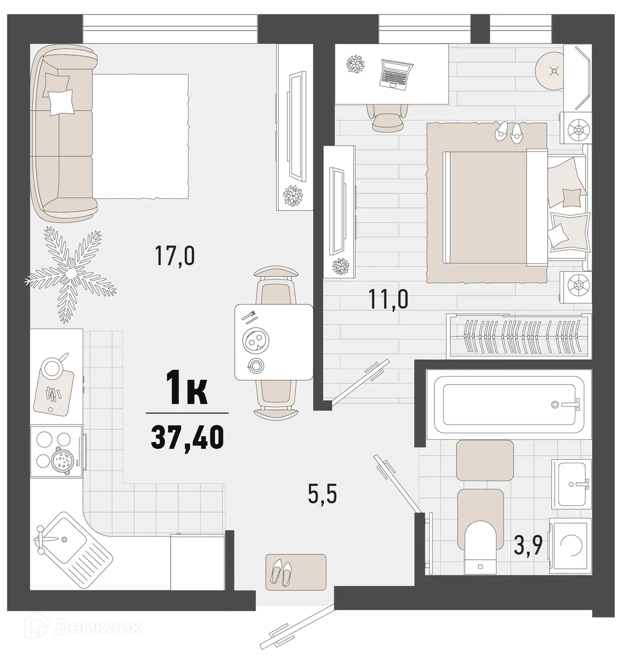 Планировка 1-комнатной квартиры 37.4 м² в ЖК Барса, г. Новороссийск — фото 1