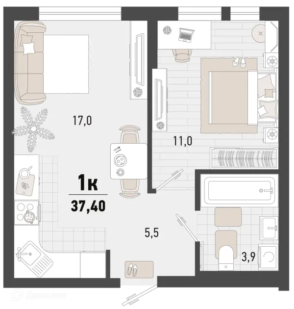 Планировка 1 комн. в ЖК Барса