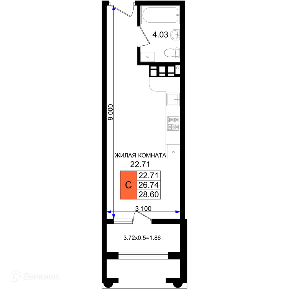 Планировка студии квартиры 28.6 м² в ЖК Резиденция морей, г. Новороссийск — фото 1