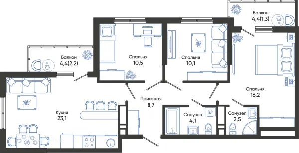 Планировка 3 комн. в ЖК ОБЛАКА