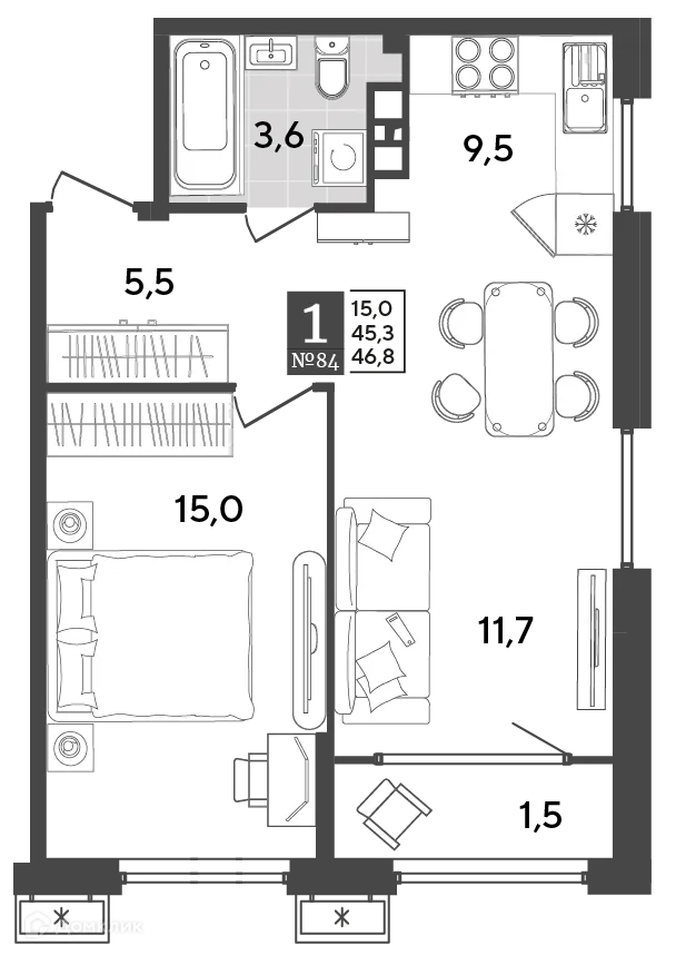 Планировка 1-комнатной квартиры 46.8 м² в ЖК Порто Ново, г. Новороссийск — фото 2