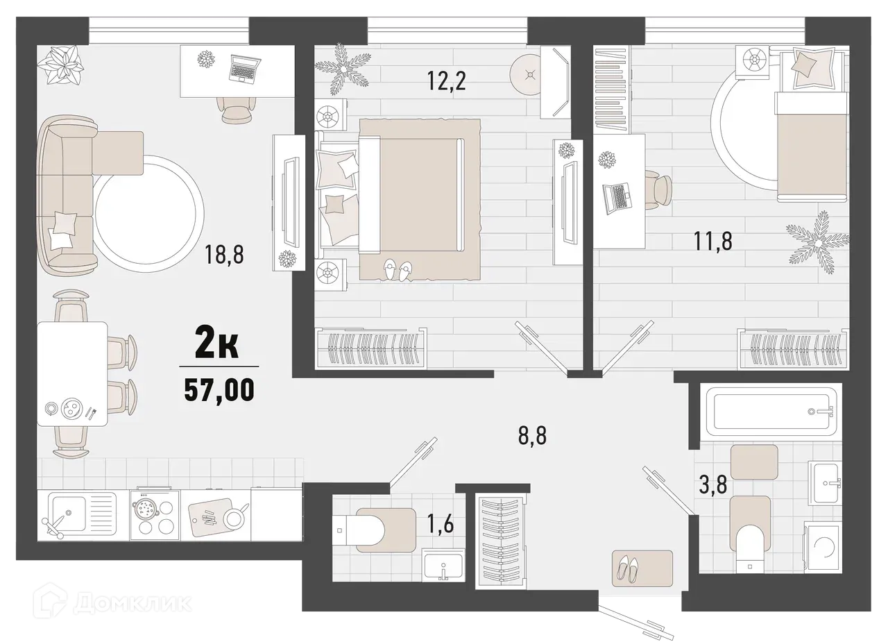 Планировка 2-комнатной квартиры 57 м² в ЖК Барса, г. Новороссийск — фото 1