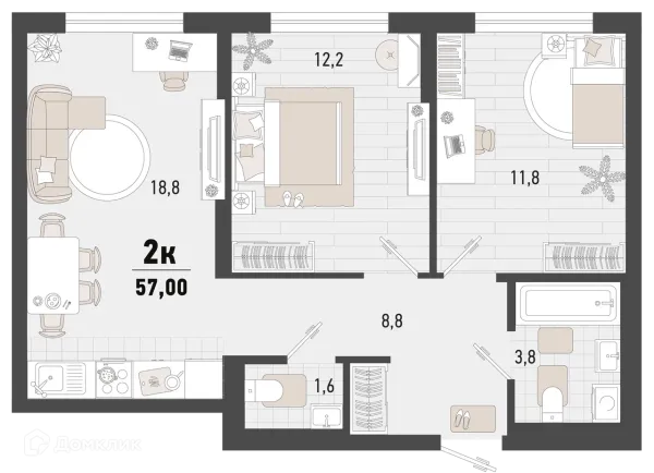 Планировка 2 комн. в ЖК Барса