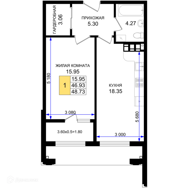 Планировка 1 комн. в ЖК Резиденция морей