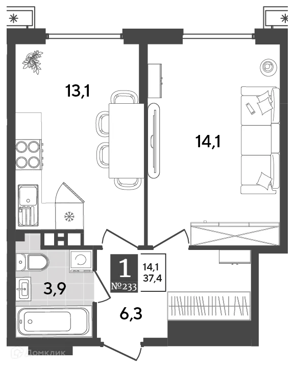 Планировка 1-комнатной квартиры 37.4 м² в ЖК Порто Ново, г. Новороссийск — фото 2
