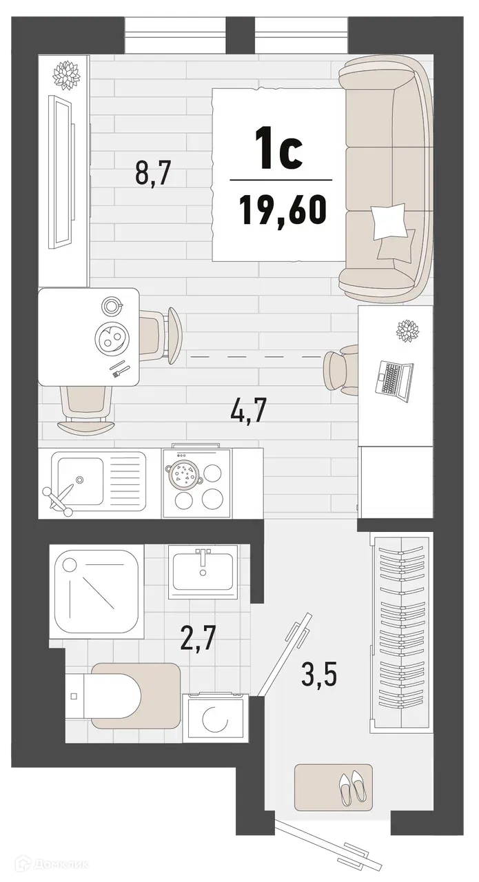 Планировка 1-комнатной квартиры 19.6 м² в ЖК Барса, г. Новороссийск — фото 1