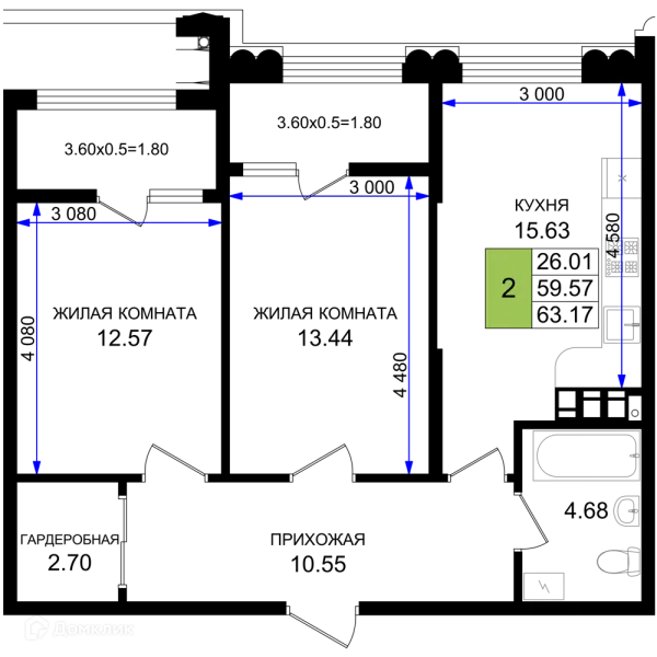 Планировка 2 комн. в ЖК Резиденция морей