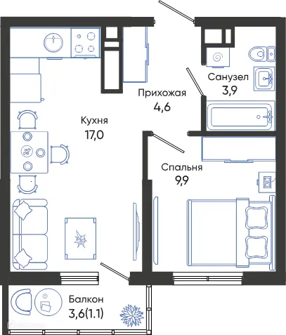 Планировка 1-комнатной квартиры 36.5 м² в ЖК ОБЛАКА, г. Новороссийск — фото 1