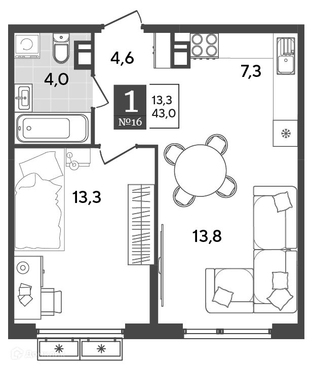 Планировка 1-комнатной квартиры 43 м² в ЖК Порто Ново, г. Новороссийск — фото 2