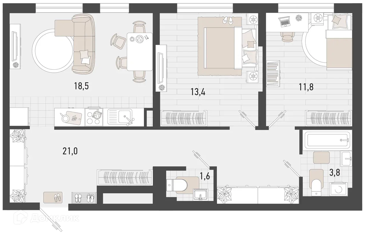 Планировка 2-комнатной квартиры 70.1 м² в ЖК Барса, г. Новороссийск — фото 1