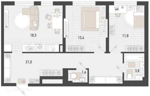 Планировка 2 комн. в ЖК Барса