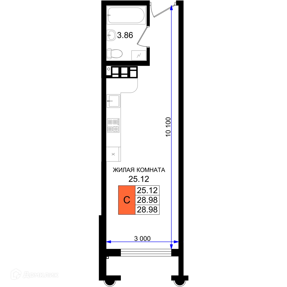 Планировка студии квартиры 28.98 м² в ЖК Резиденция морей, г. Новороссийск — фото 1