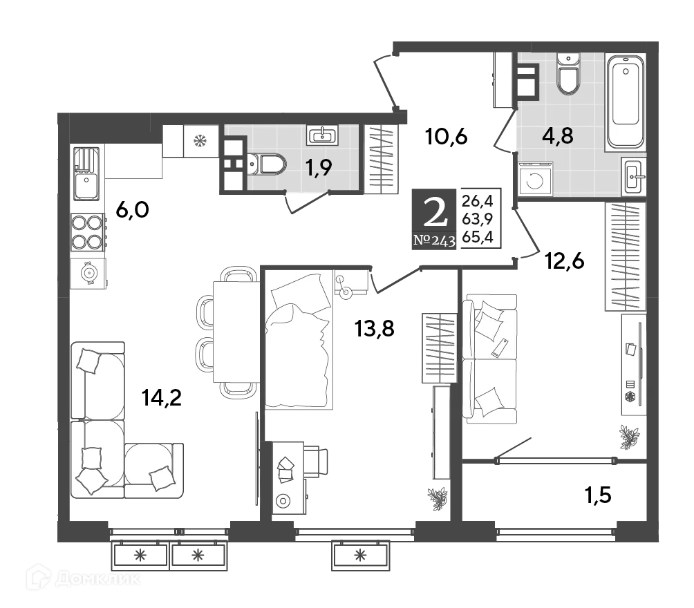 Планировка 2-комнатной квартиры 65.4 м² в ЖК Порто Ново, г. Новороссийск — фото 2