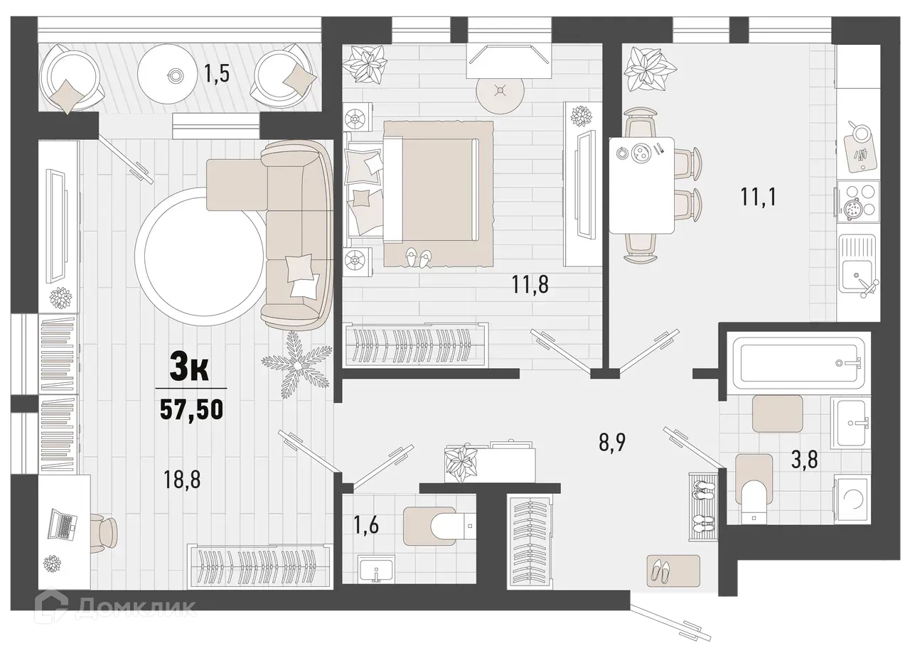 Планировка 2-комнатной квартиры 57.5 м² в ЖК Барса, г. Новороссийск — фото 1