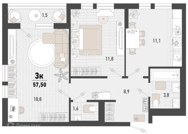 Планировка 2 комн. в ЖК Барса