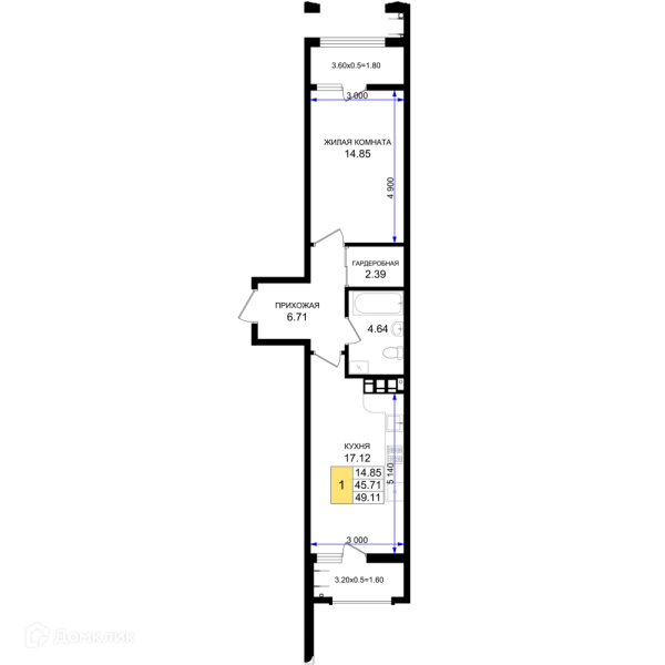 Планировка 1 комн. в ЖК Резиденция морей