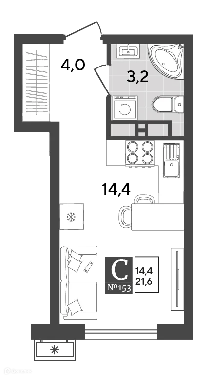 Планировка студии квартиры 21.6 м² в ЖК Порто Ново, г. Новороссийск — фото 2