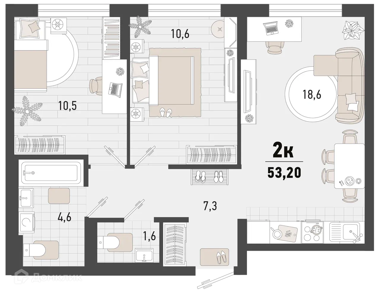 Планировка 2-комнатной квартиры 53.2 м² в ЖК Барса, г. Новороссийск — фото 1