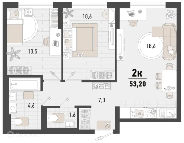Планировка 2 комн. в ЖК Барса