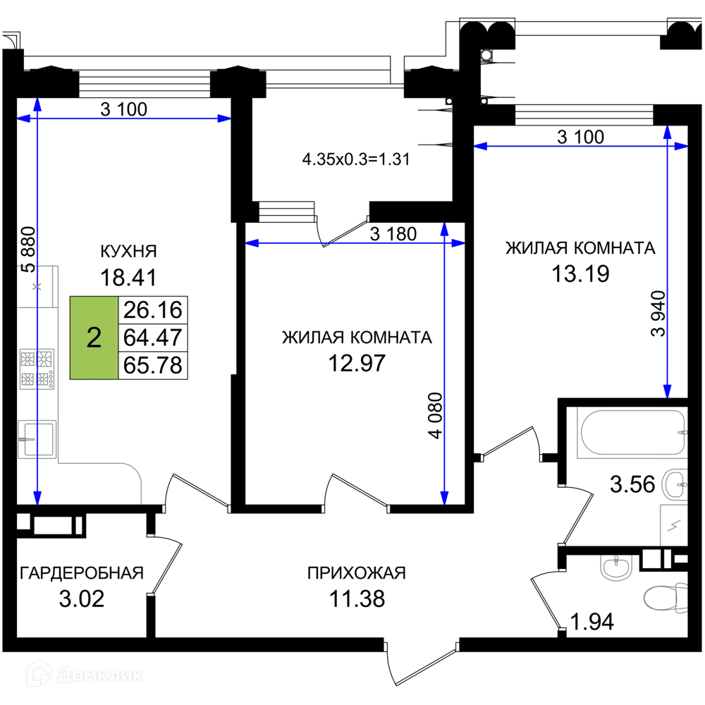 Планировка 2-комнатной квартиры 65.78 м² в ЖК Резиденция морей, г. Новороссийск — фото 1