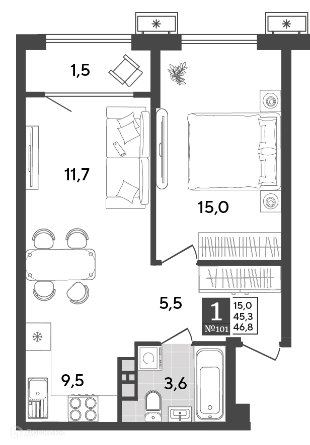 Планировка 1-комнатной квартиры 46.8 м² в ЖК Порто Ново, г. Новороссийск — фото 2