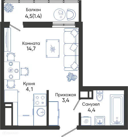 Планировка студии квартиры 28 м² в ЖК ОБЛАКА, г. Новороссийск — фото 1