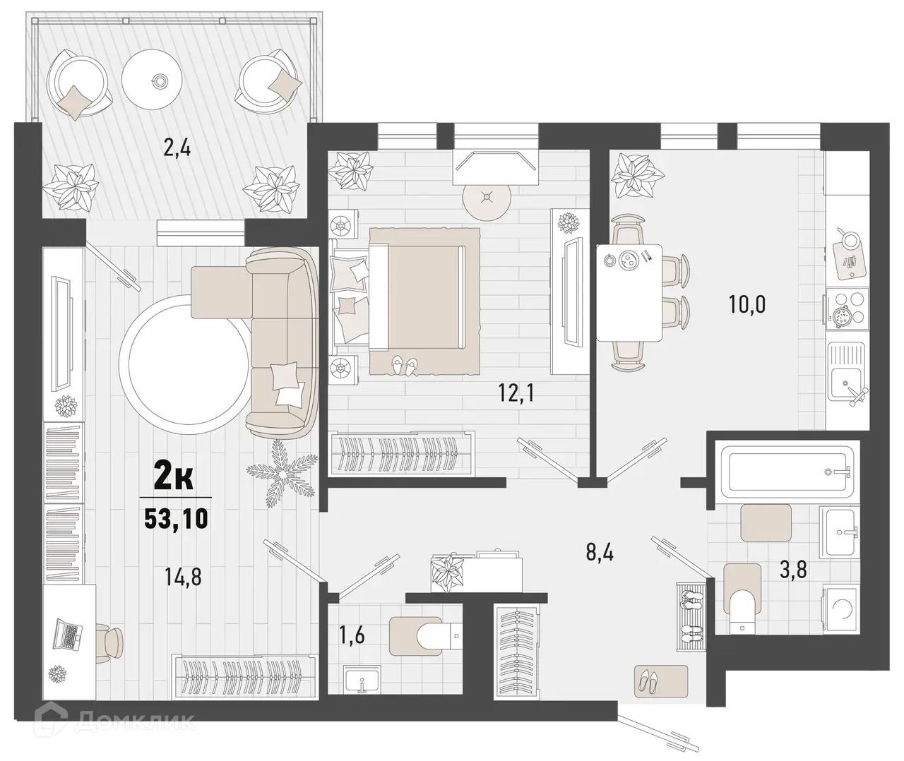 Планировка 2-комнатной квартиры 53.1 м² в ЖК Барса, г. Новороссийск — фото 1