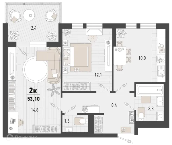 Планировка 2 комн. в ЖК Барса