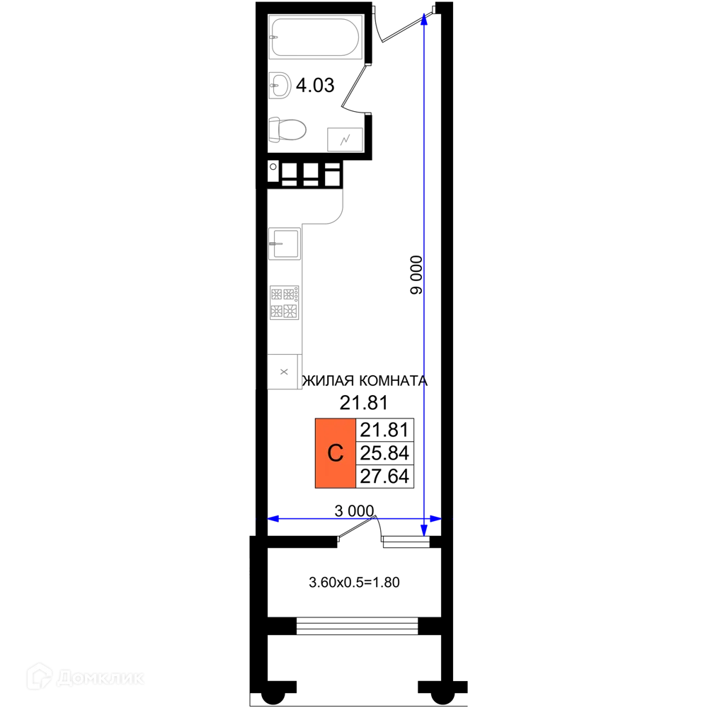 Планировка студии квартиры 27.64 м² в ЖК Резиденция морей, г. Новороссийск — фото 1