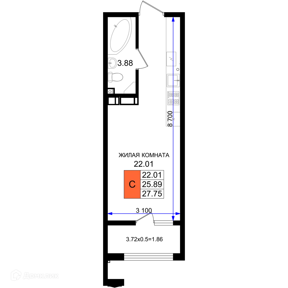 Планировка студии квартиры 27.75 м² в ЖК Резиденция морей, г. Новороссийск — фото 1