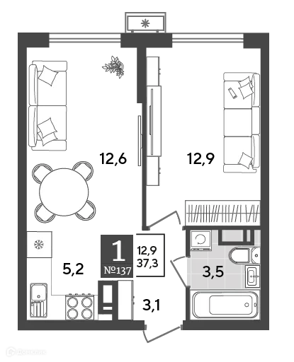 Планировка 1-комнатной квартиры 37.3 м² в ЖК Порто Ново, г. Новороссийск — фото 2