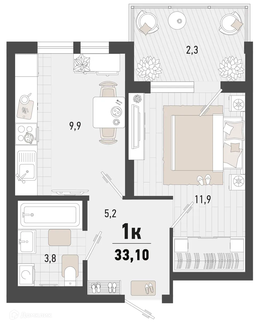 Планировка 1-комнатной квартиры 33.1 м² в ЖК Барса, г. Новороссийск — фото 1