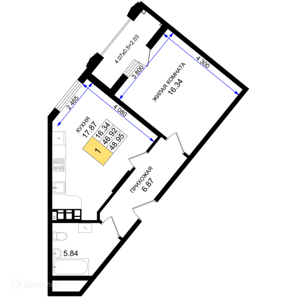 Планировка 1 комн. в ЖК Резиденция морей